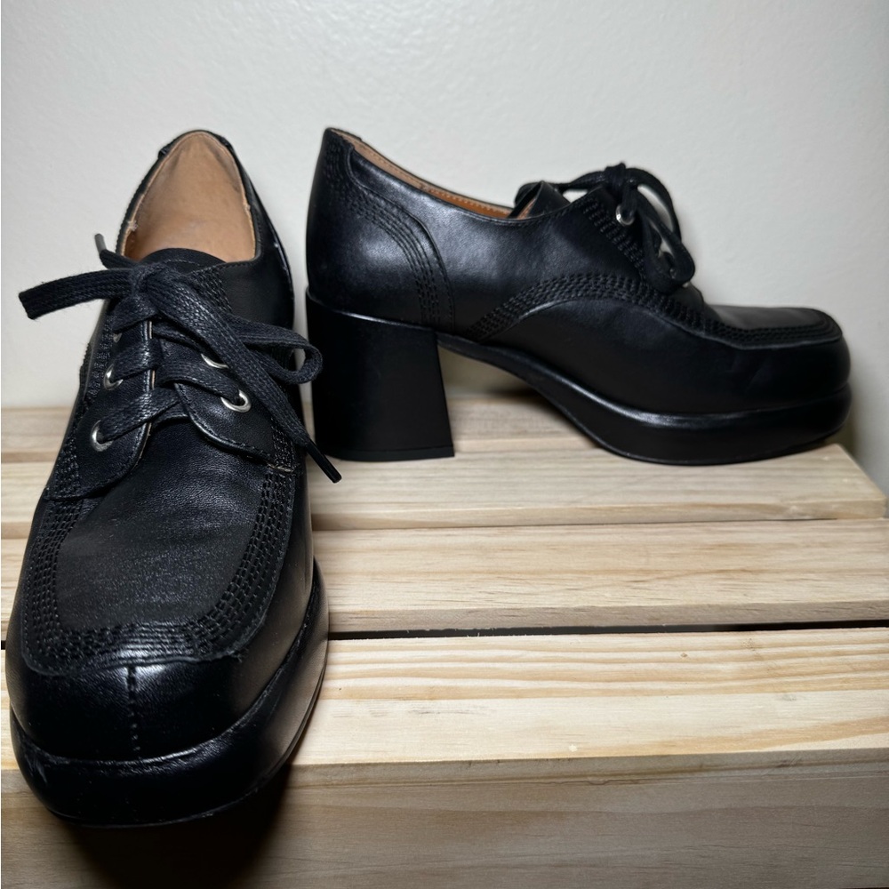 Black Leather Platform Heels with Chunky Block Heel